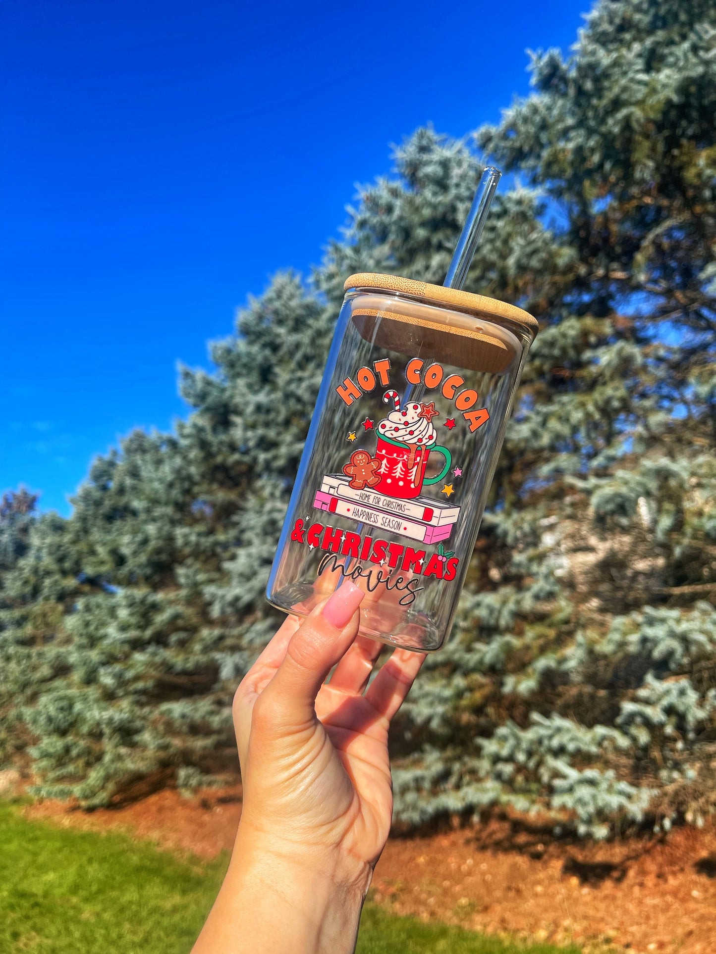 Hot Cocoa & Christmas Movies- 24 oz Square Glass